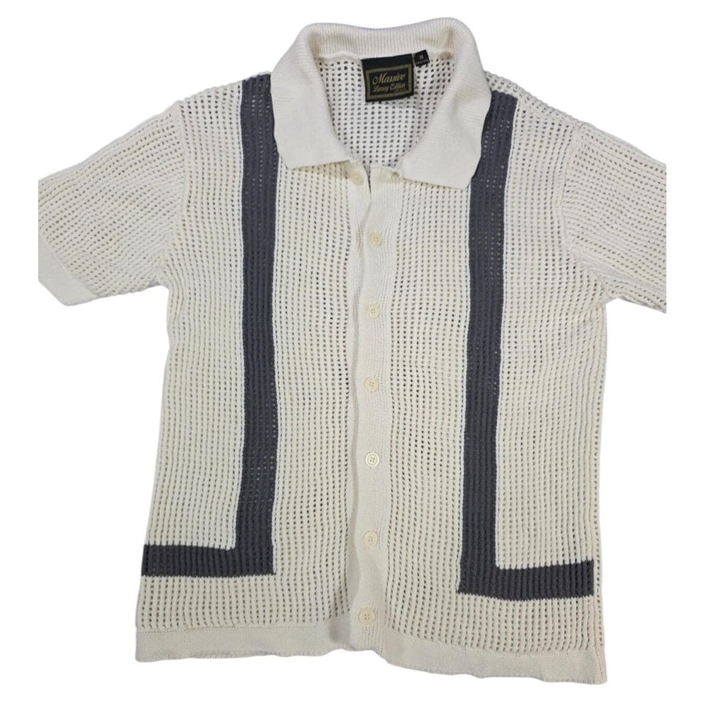 Massive Luxury Mens M Cardigan Beige Black Trim Open Knit Hamptons Coastal